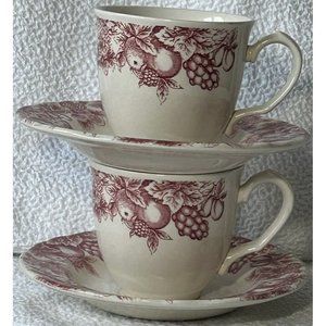 Vintage Libbey LIE7 Pink Fruit & Berries (2) Coffee Cup & Saucer Sets Excellent